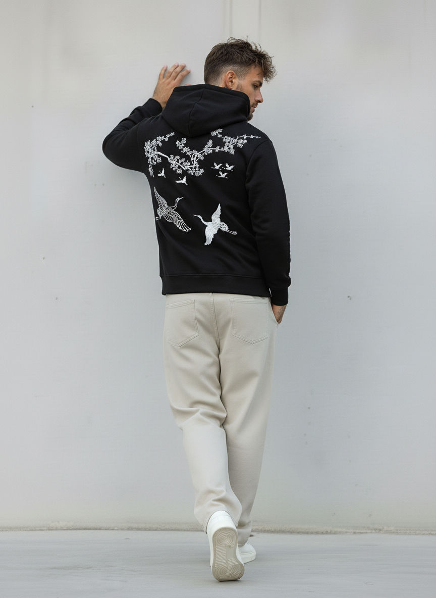 FELPA CON CAPPUCCIO STAMPA RICAMO - E. - ART. CIGNO - NERO