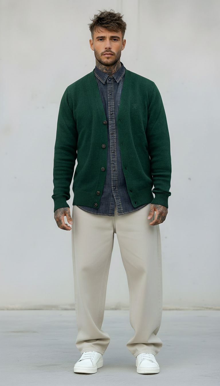 CARDIGAN V LAMBSWOOL - BERNA - *ART. 23303088 - COL. VERDE BOTTIGLIA