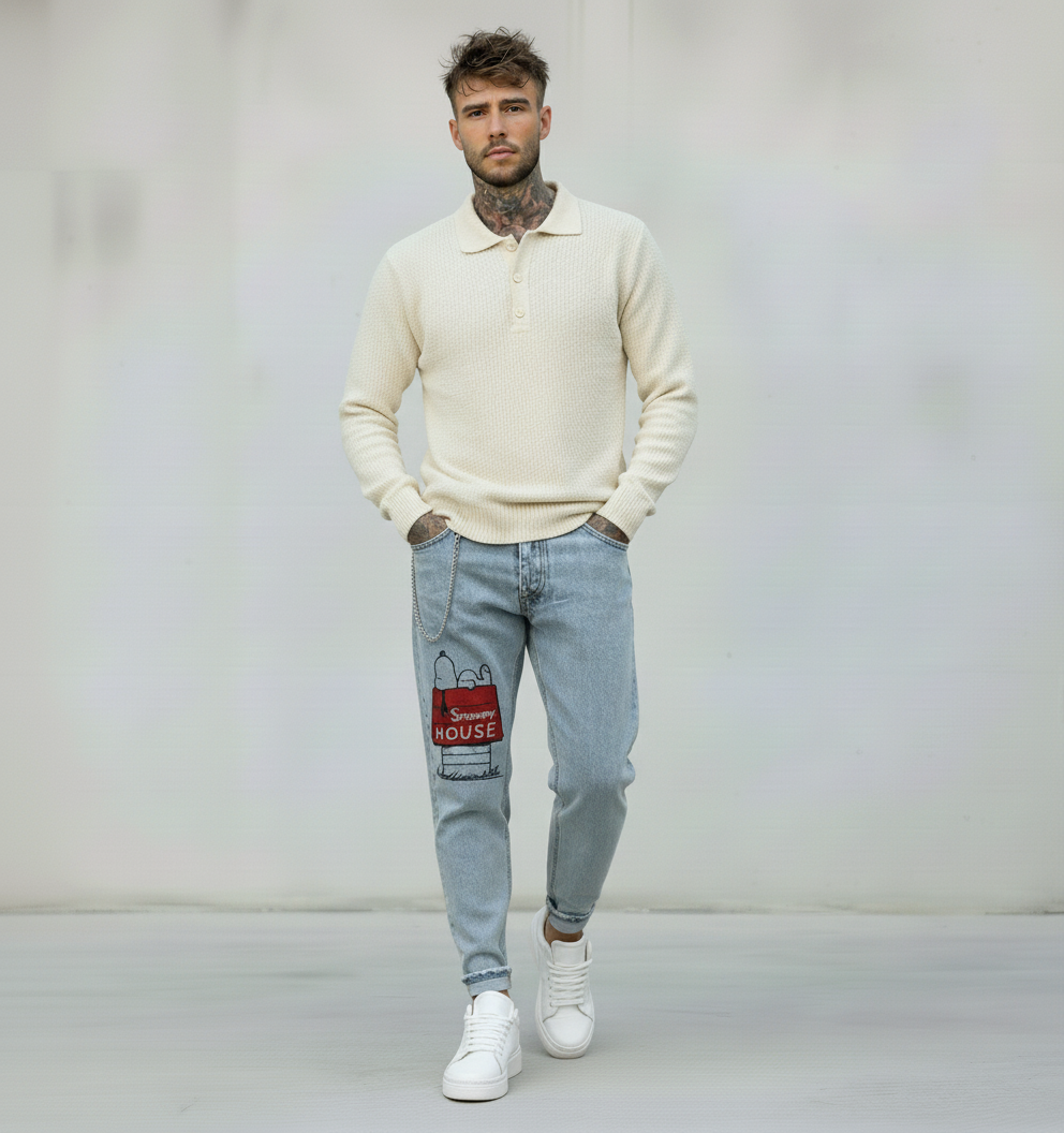 JEANS - HAMEN - DIPINTO A MANO -  ART. SNOOPY HOUSE