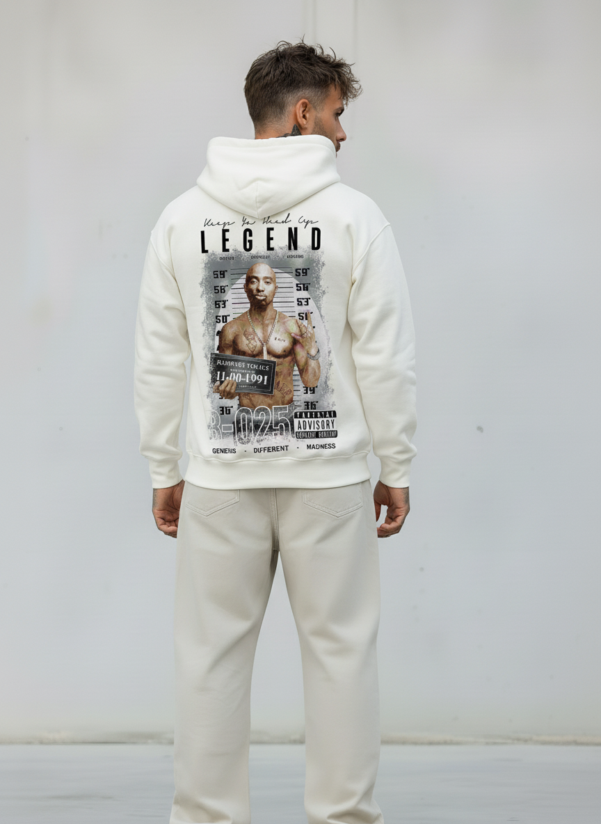 FELPA CON CAPPUCCIO LEGEND TUPAC - B.U. - ART. W25 / H - 35 COL BIANCO