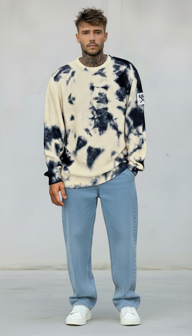 MAGLIA GIROCOLLO TINTO MACCHIE TIE DYE - BERNA - *ART. 2432023 - COL. BLU