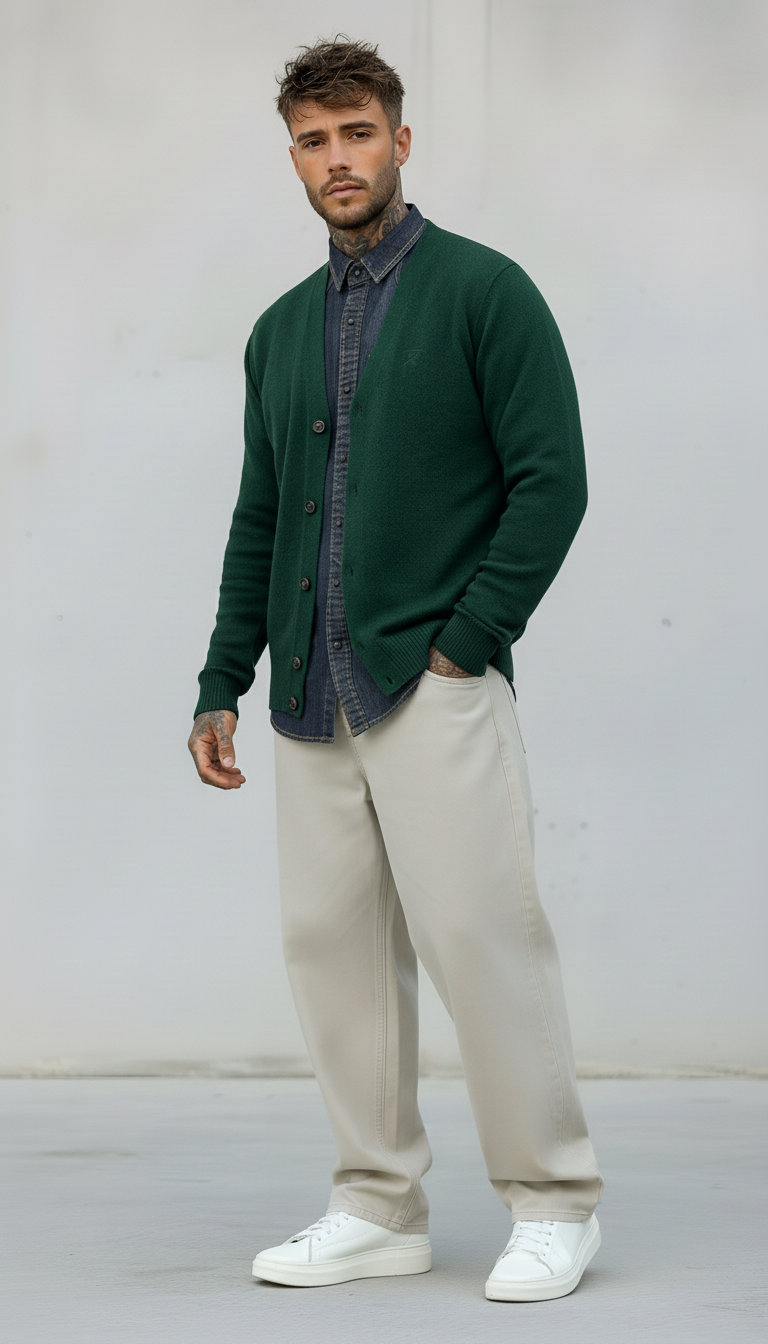 CARDIGAN V LAMBSWOOL - BERNA - *ART. 23303088 - COL. VERDE BOTTIGLIA