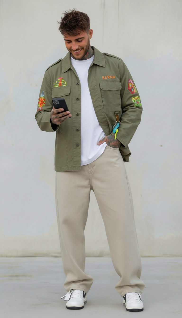 GIUBBINO OVERSHIRT UOMO BERNA VERDE  RICAMI AZTECHI - ART. 261282-6