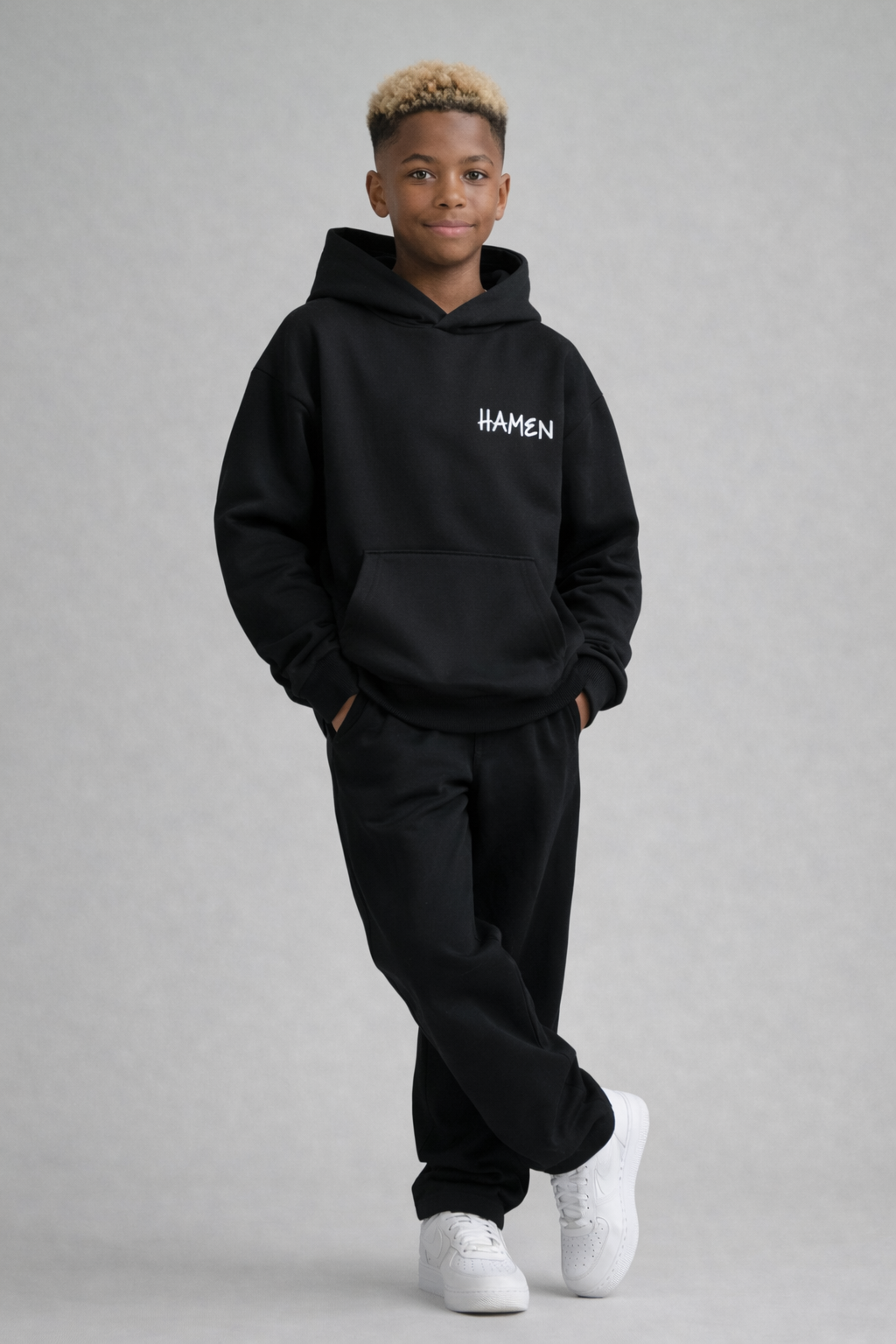 FELPA OVER BAMBINO  BOXY CON CAPPUCCIO BASICA LOGO - HAMEN - ART. LOGO.H