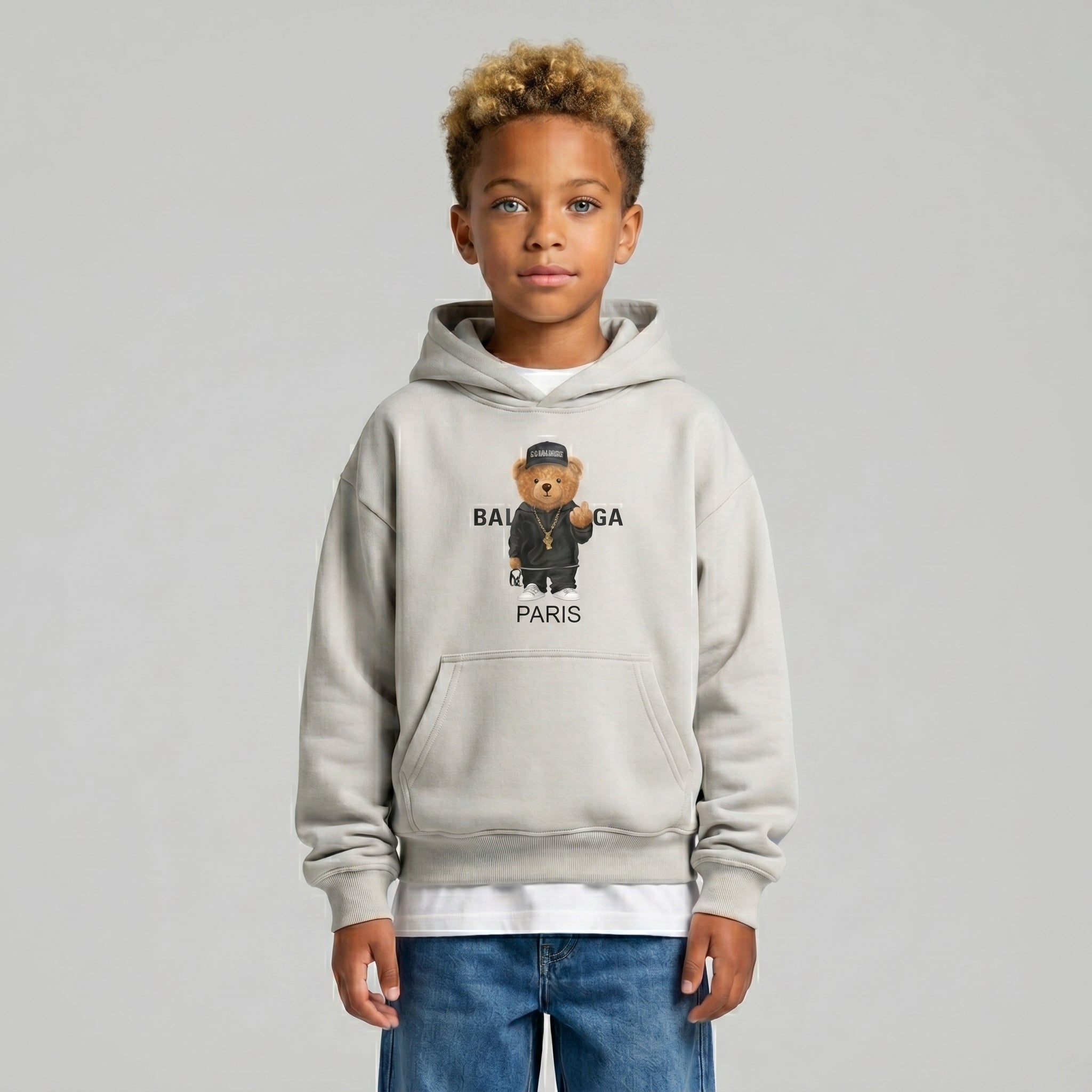 FELPA OVER BAMBINO CON CAPPUCCIO BOXY FIT OVER -  ORSO  PIU' COLORI - HAMEN