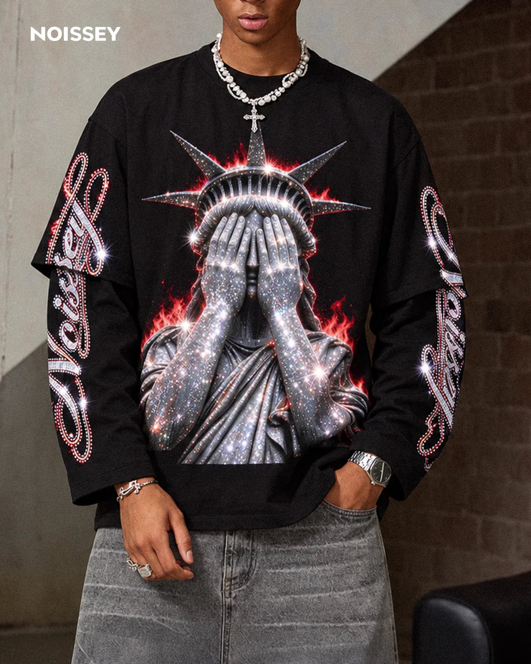 T-SHIRT LONG SLEVE BLACK ART STATUA LIBERTY