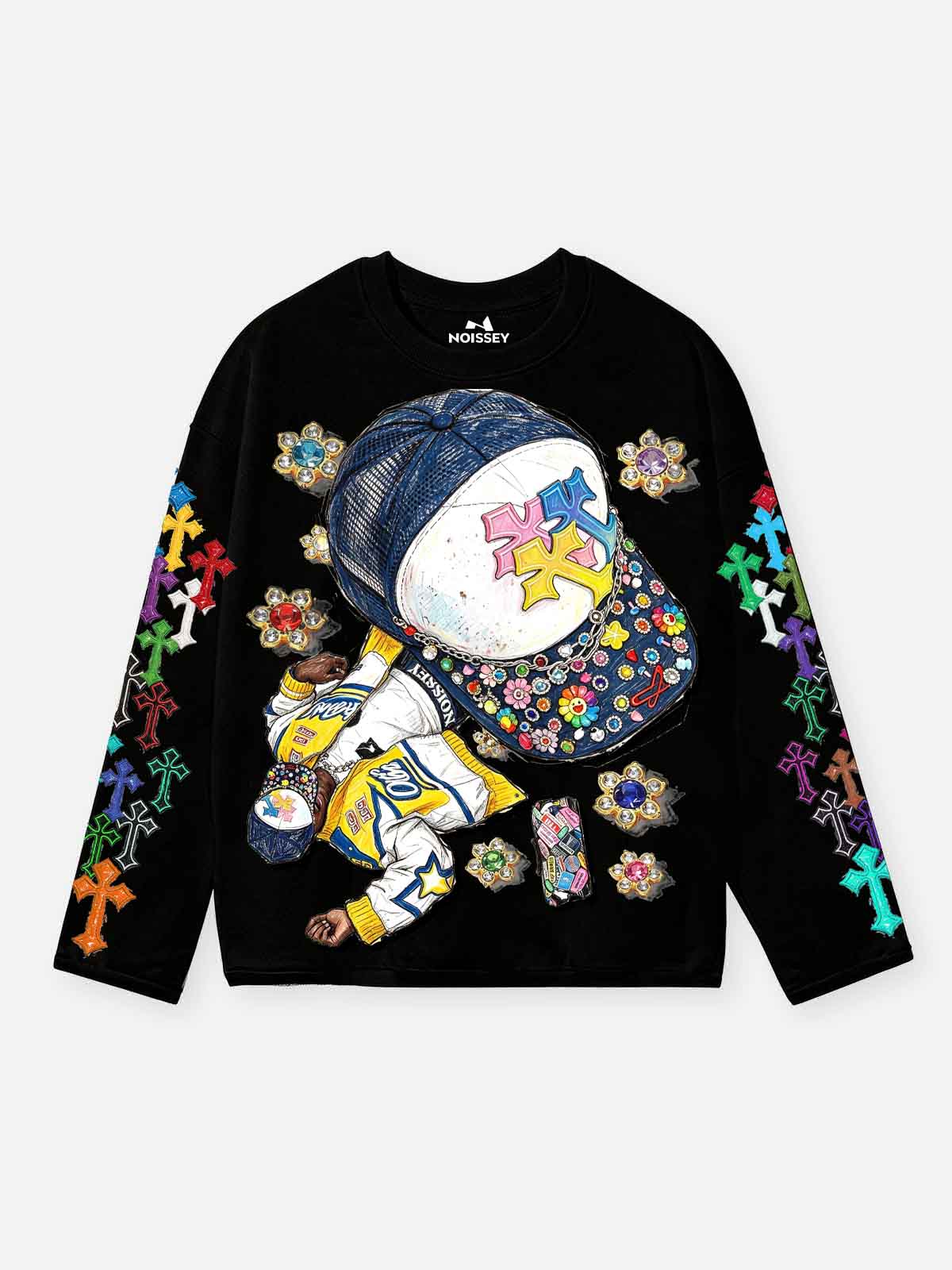 FELPA NOISSEY GIROCOLLO  ART GRAFICA HIP HOP CON CAPPELLINO E CROCI