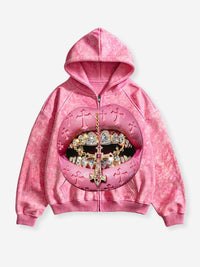 FELPA CON CAPPUCCIO ROSA VINTAGE  CON BOCCA CON CROCE