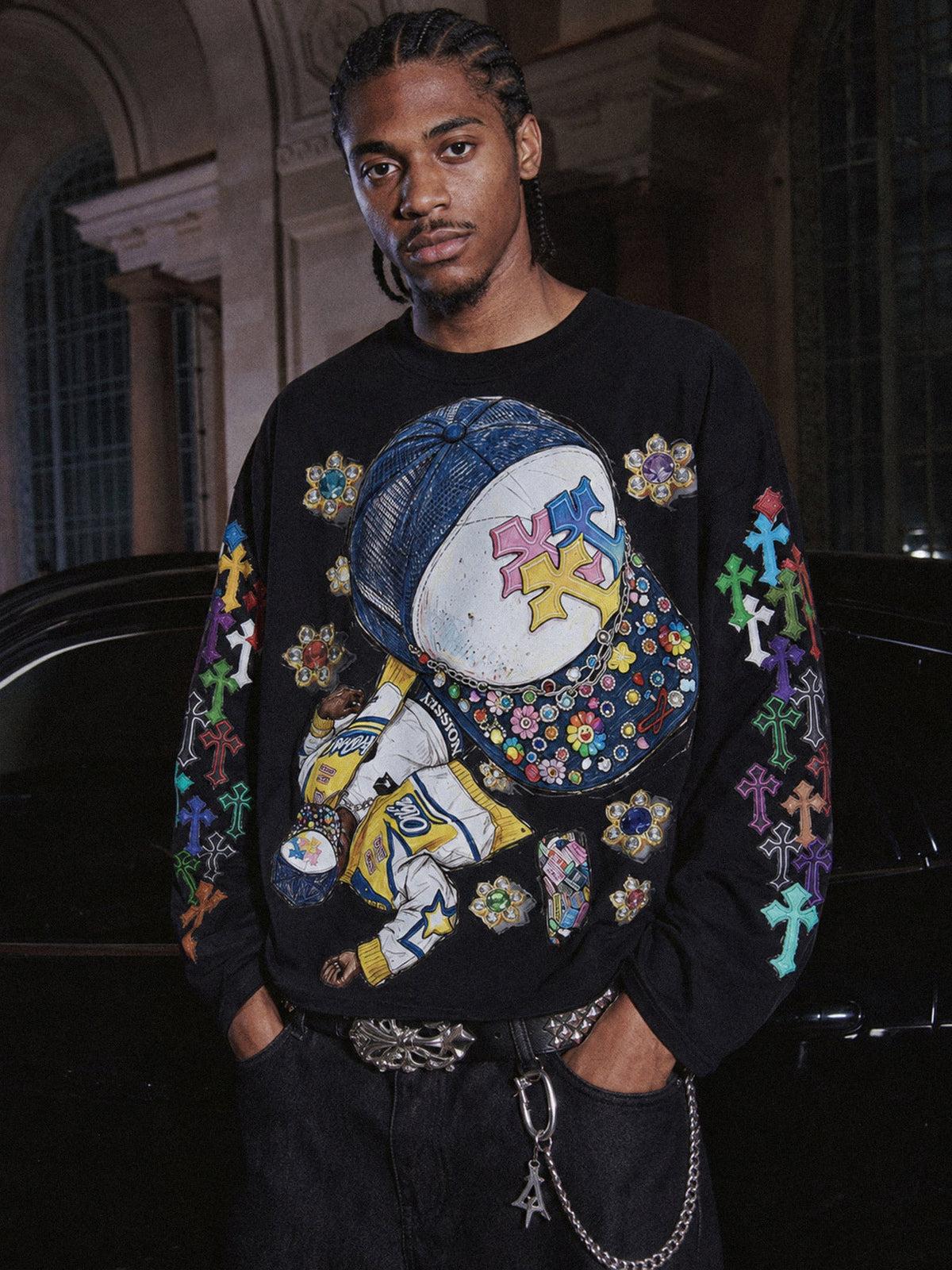 FELPA NOISSEY GIROCOLLO  ART GRAFICA HIP HOP CON CAPPELLINO E CROCI
